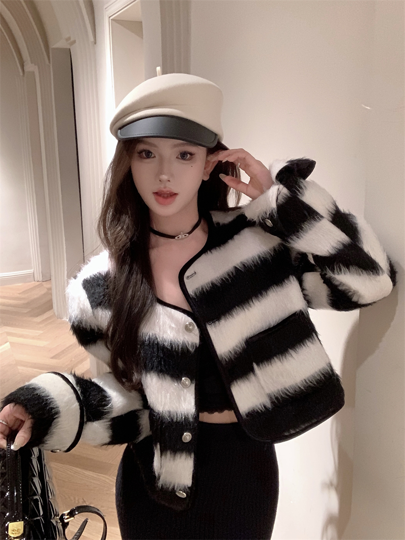 實拍 拼色條紋毛呢外套小香風時尚圓領單排扣外套