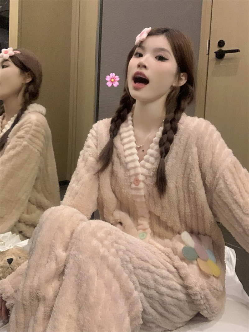 實拍秋冬加絨加厚可愛花花V領開衫珊瑚絨厚實家居服睡衣套裝