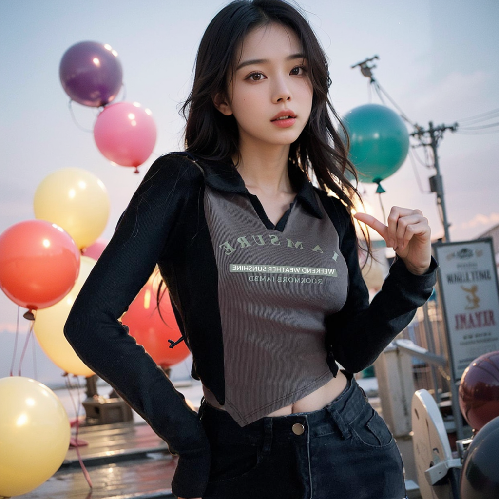 撞色polo領修身長袖t恤女秋季純欲辣妹性感v領上衣別致chic打底衫