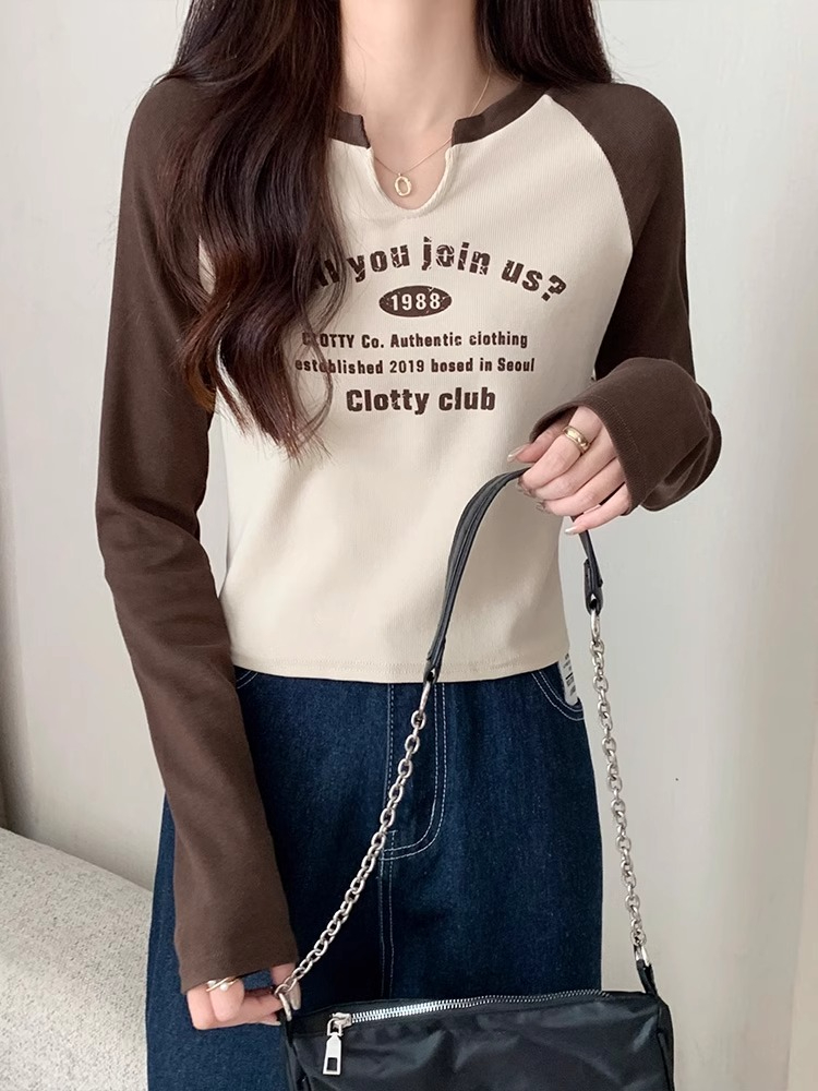 顯瘦短款魚骨打底小衫女設計感小U領秋冬修身拼色插肩長袖t恤上衣