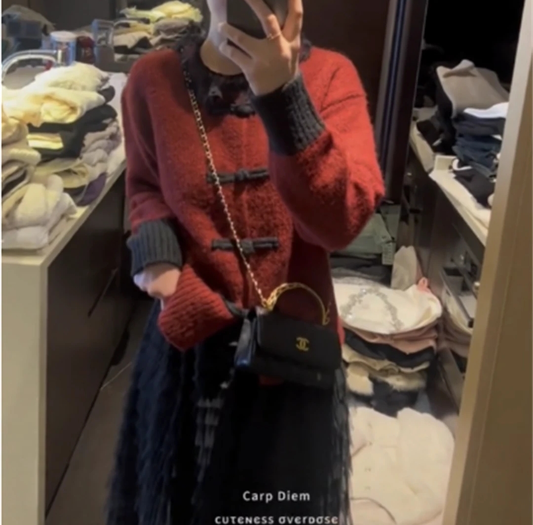 洋洋嚴選-中式國風茶里茶氣別致盤扣設計感長袖毛衣外套女