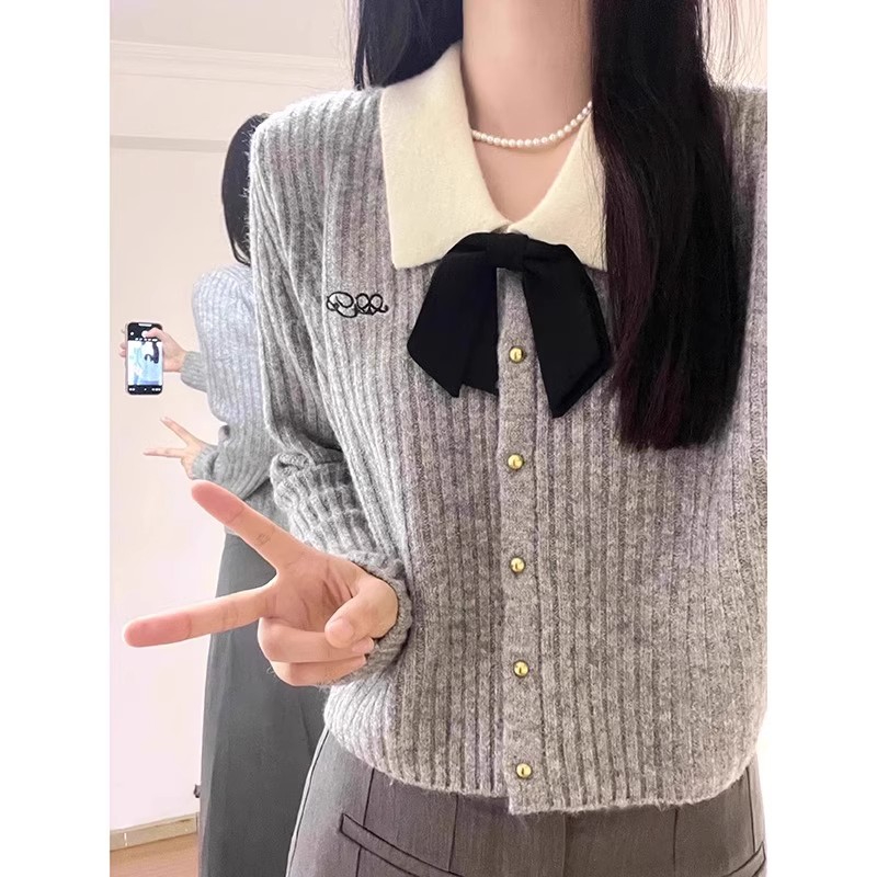 灰色短款針織開衫女秋季新款復古氣質拼色蝴蝶結毛衣長袖翻領上衣