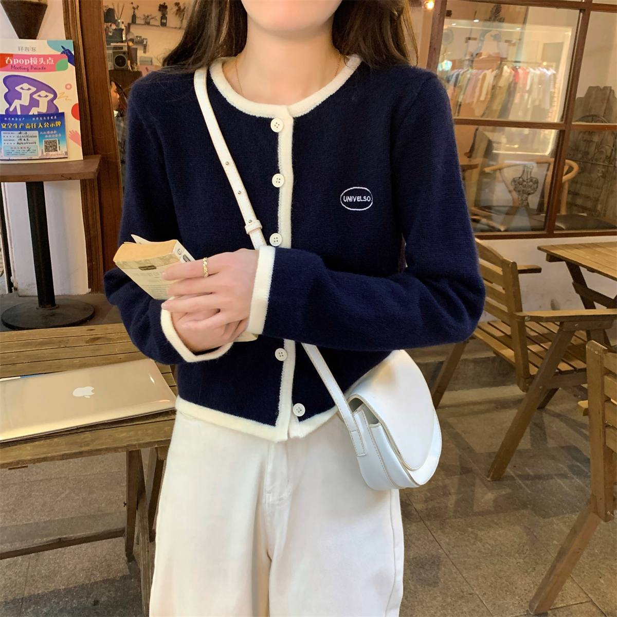 實拍 秋冬韓版寬鬆撞色小香風氣質北極絨針織開衫毛衣女外套