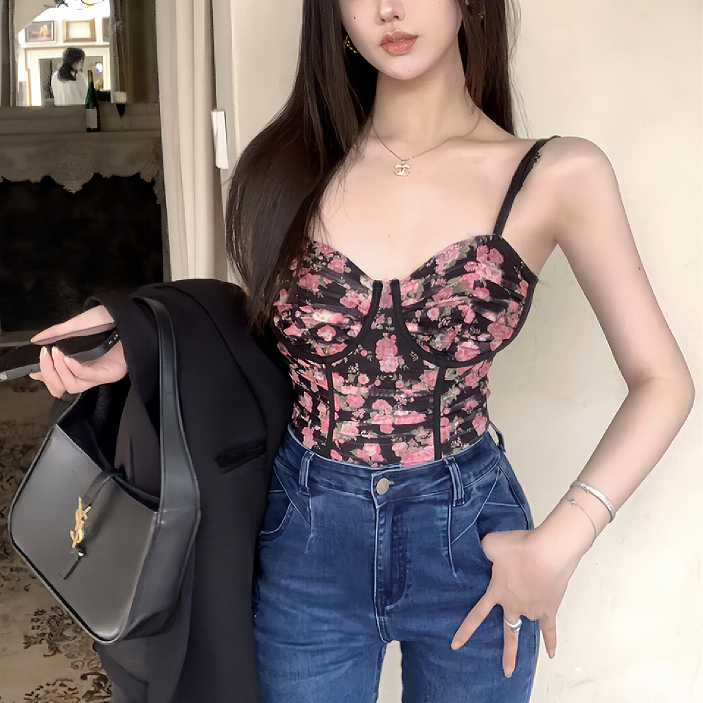 實拍~性感辣妹修身低領吊帶褶皺印花網紗玫瑰花露背連體衣