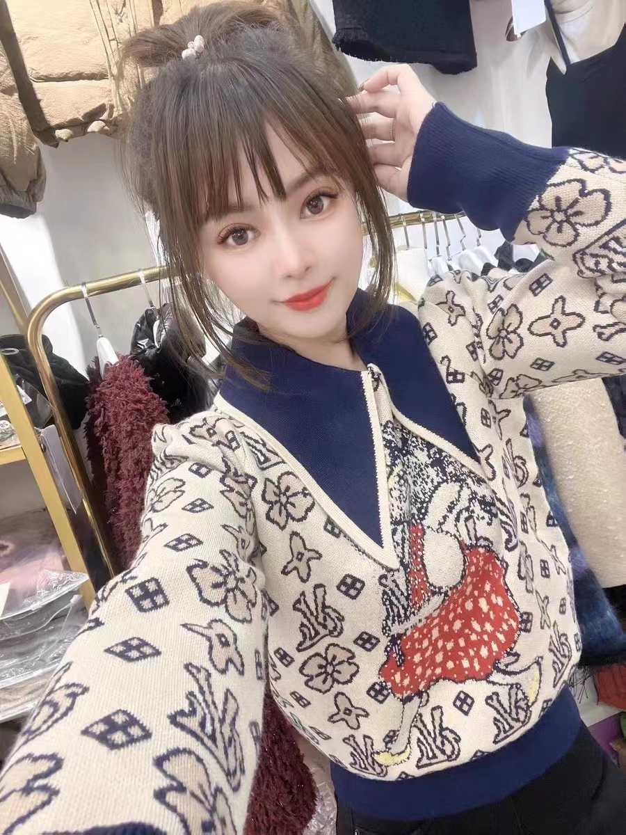 歐貨印花燙鑽毛衫女長袖2023冬季新款時尚氣質百搭打底衫大領毛衣