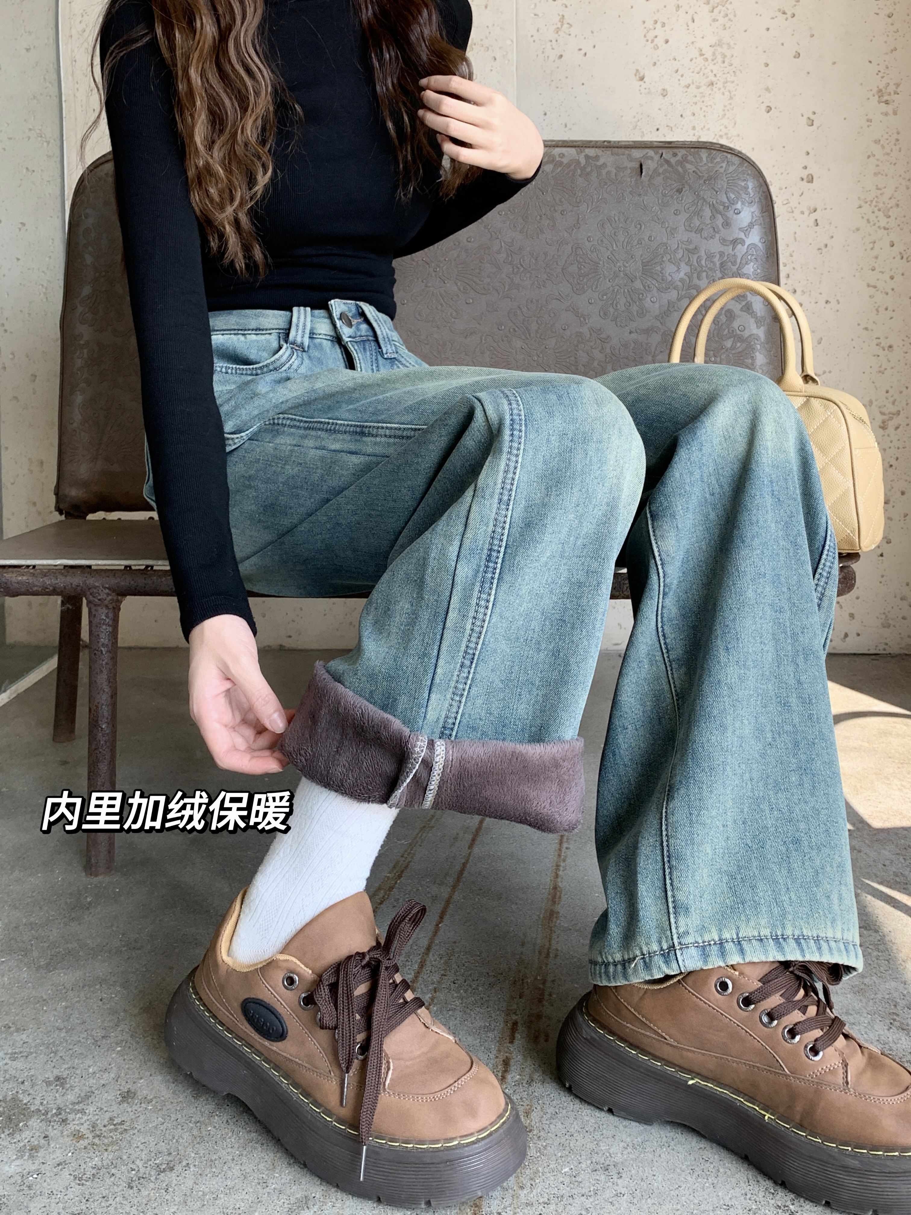 實拍秋冬新款可以直筒加厚加絨牛仔褲