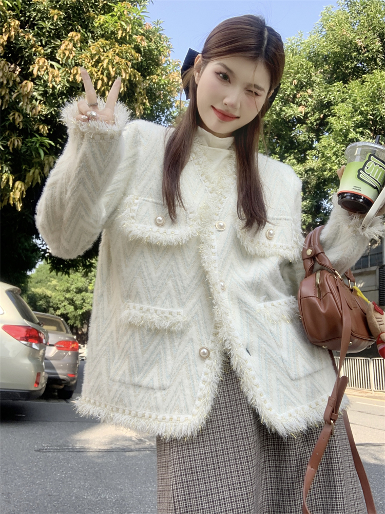 實拍 新款高級感小香風外套女氣質V領流蘇寬鬆甜美毛衣開衫