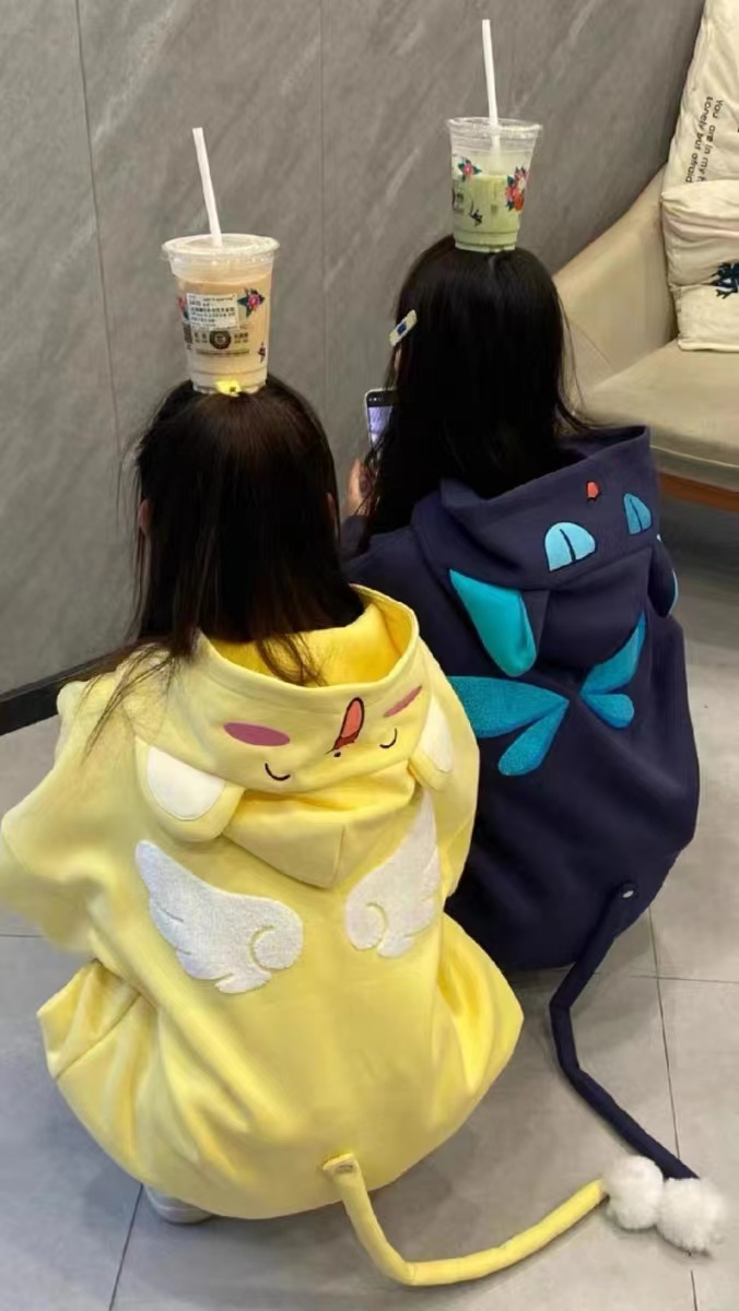 CVC華棉複合銀狐絨連帽衛衣女加絨情侶刺繡冬季寬鬆上衣