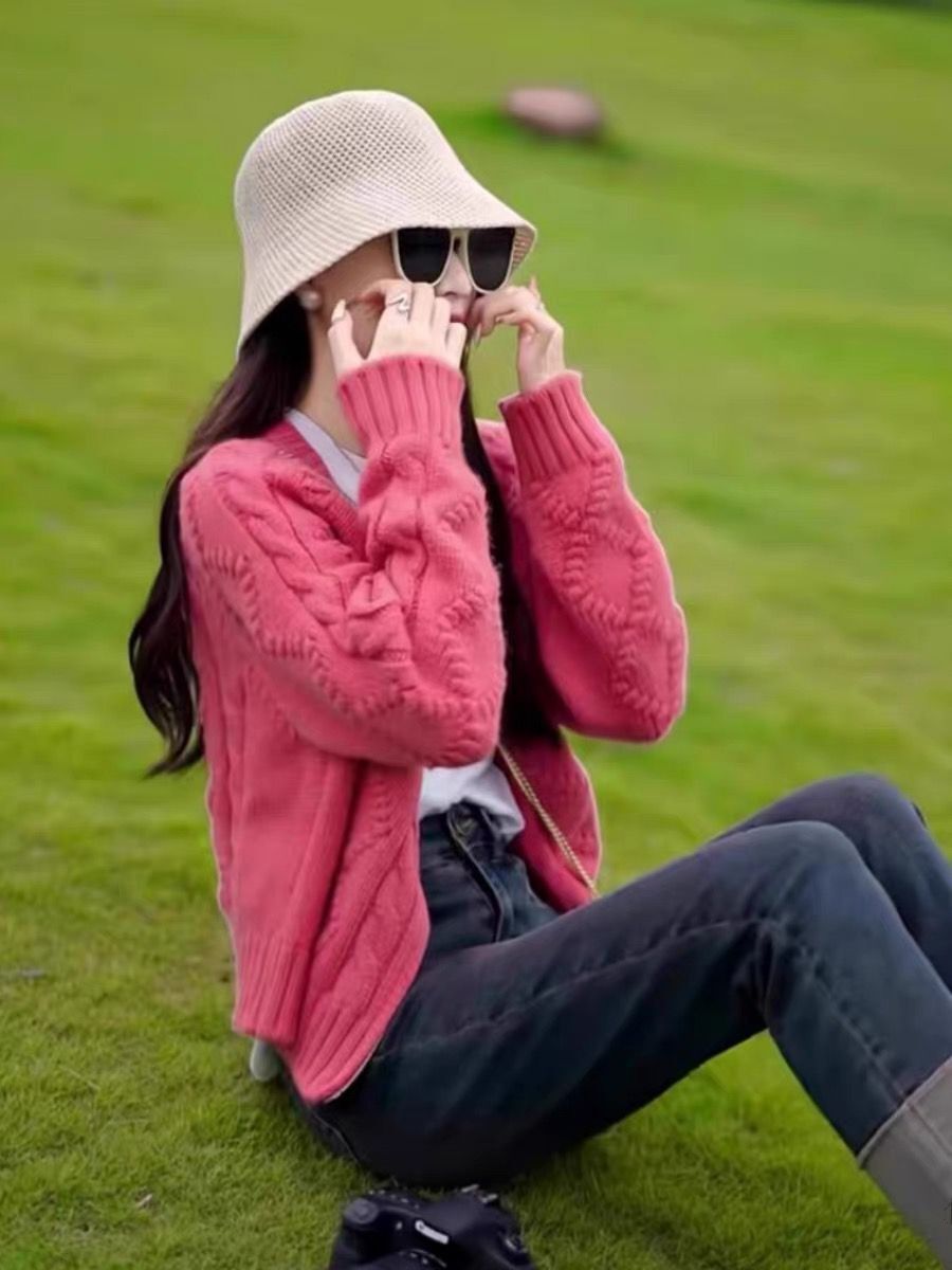 秋季新款百搭休閒提花時尚長袖短款拉鏈針織開衫毛衣女