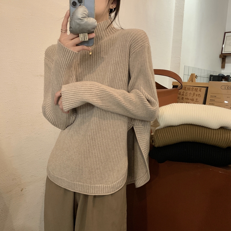 半高領開叉針織衫女秋季韓版2023新款百搭寬鬆設計感內搭長袖上衣