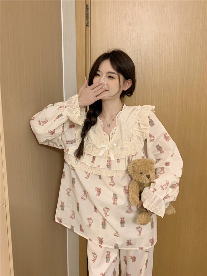 實拍韓版甜美蕾絲全棉卡通印花寬鬆舒適奶萌秋季家居服套裝