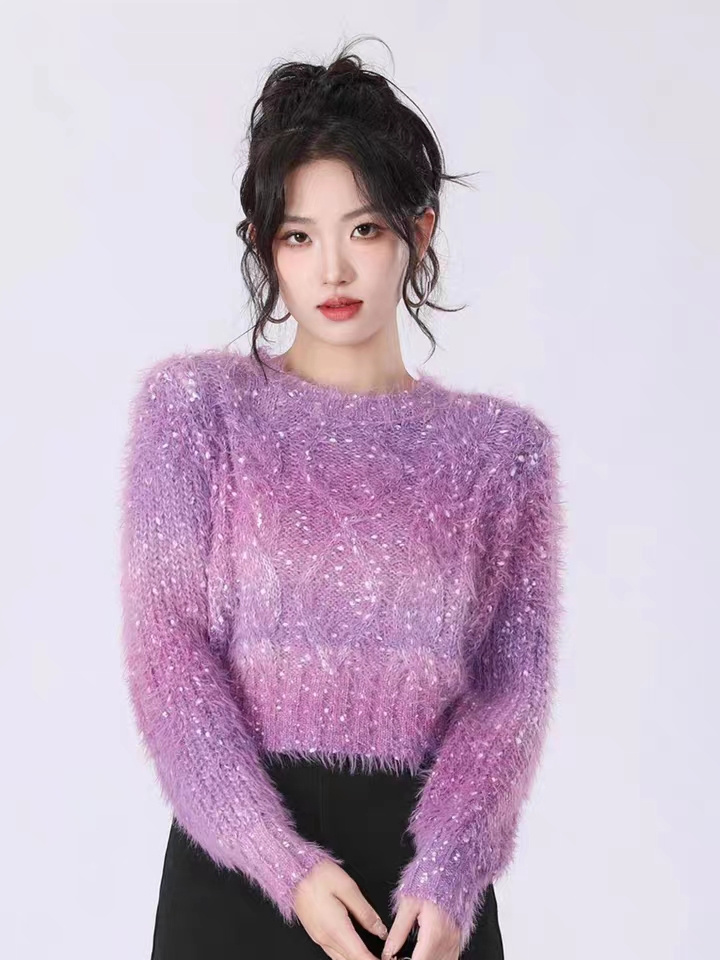 韓版chic女神甜美氣質高級感漸變色寬鬆顯瘦時尚百搭圓領針織毛衣