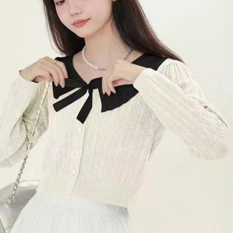 娃娃領長袖針織衫女秋裝2023新款灰色毛衣微胖開衫上衣