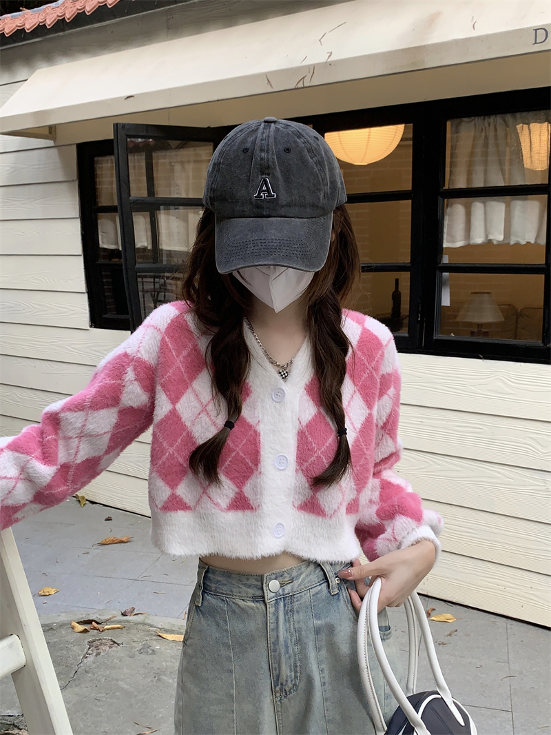 實拍 新款菱格毛衣外套女秋冬復古設計感小眾短款針織開衫
