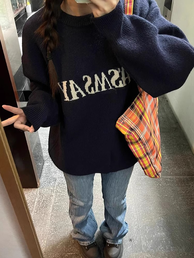美式復古軟糯毛衣女春秋冬寬鬆外穿慵懶風設計感小眾套頭針織上衣