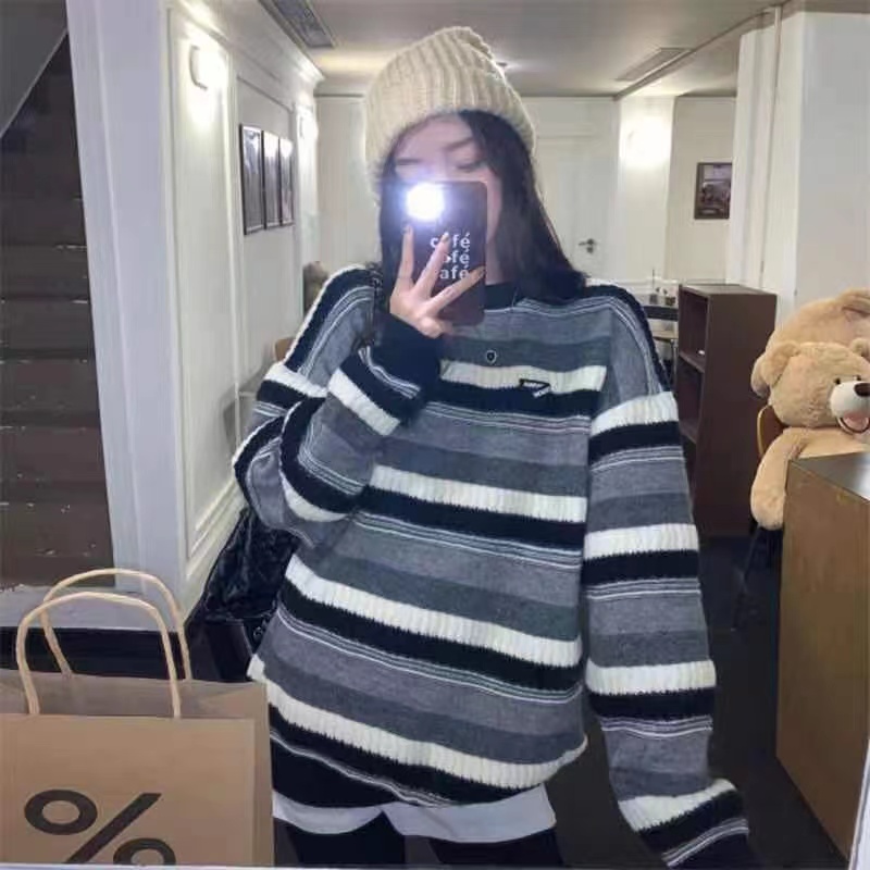 古着毛衣vintage女春秋復古日系慵懶寬鬆Jew4room港風條紋針織衫