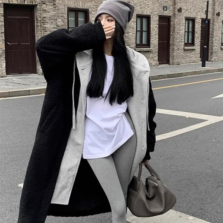 法式赫本風假兩件連帽羊羔毛外套女秋冬季加厚寬鬆中長款棉服大衣
