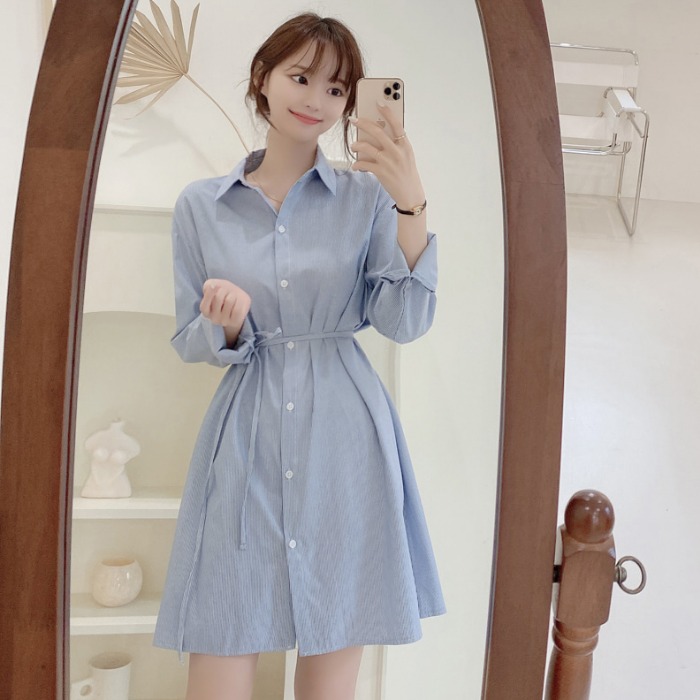 韓版小眾中長款收腰顯瘦系帶條紋氣質襯衫連衣裙女春秋新款