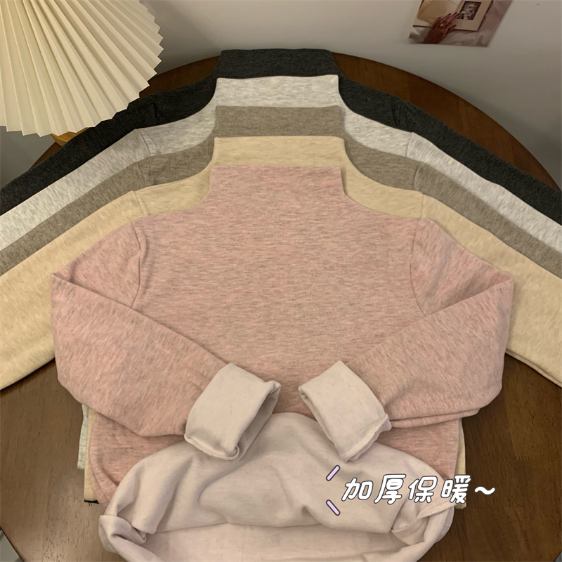 實拍半高領純色加絨加厚打底衫秋冬保暖內搭磨毛長袖T恤