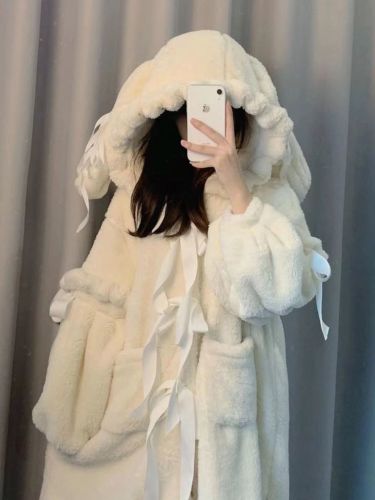 赵露思同款可爱兔子蝴蝶结珊瑚绒睡袍女冬季新款甜美睡衣