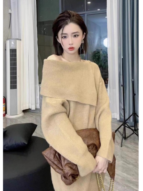 慵懶風時尚百搭毛衣女秋冬2023新款露肩顯瘦設計感長袖針織衫上衣