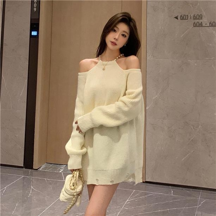 高級2023感超好看軟糯加厚內搭露肩白色針織毛衣女秋冬純欲風