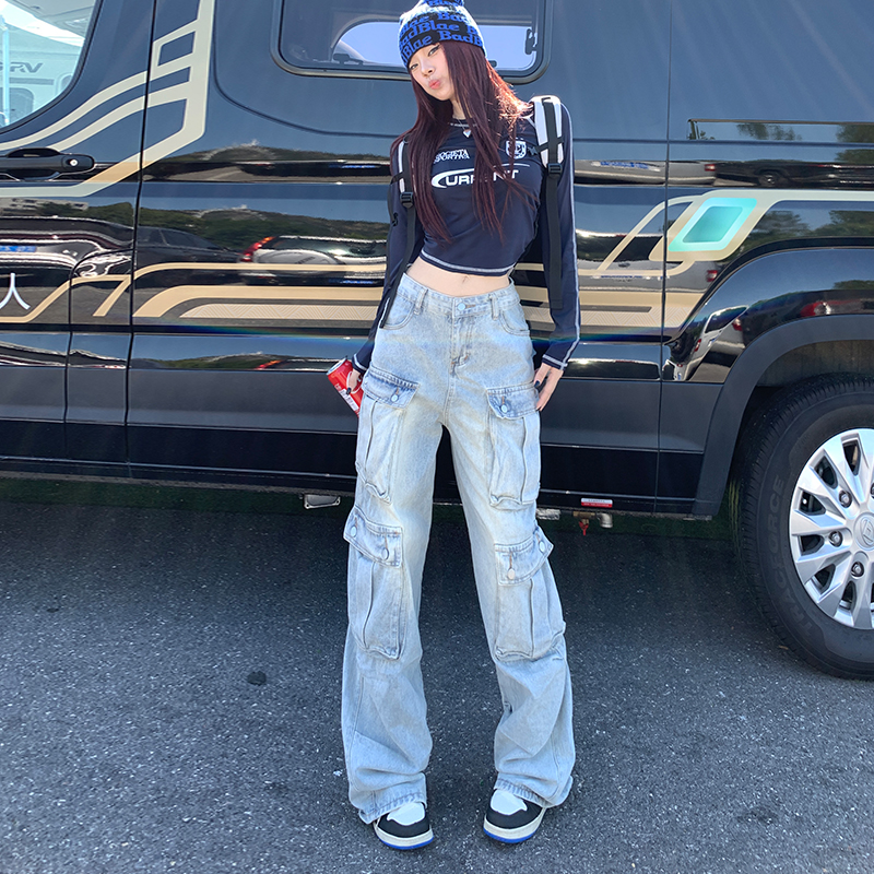 Actual shot of 2023 autumn and winter new jeans women's Y2K dress-up game versatile wide-legged multi-pocket overalls lengthened