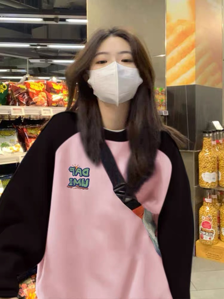 回頭率十足！美式加絨加厚插肩袖女2023新款小個子慵懶風圓領衛衣
