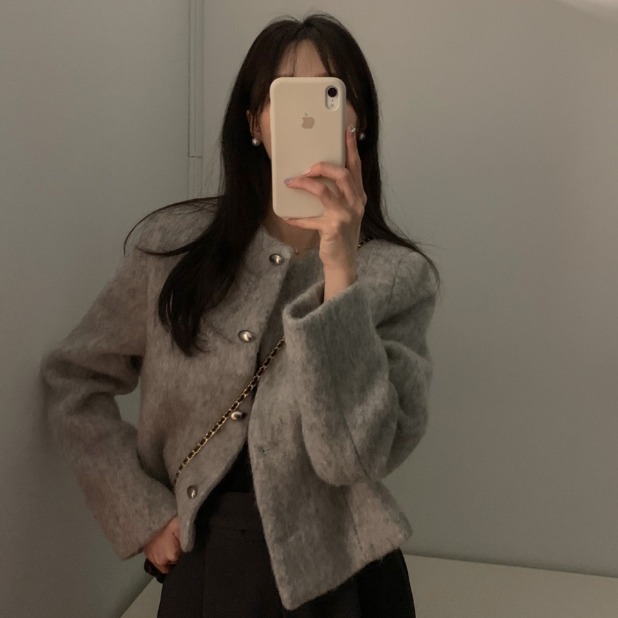 Korean chic French style simple and chic single-breasted short woolen coat for small people
