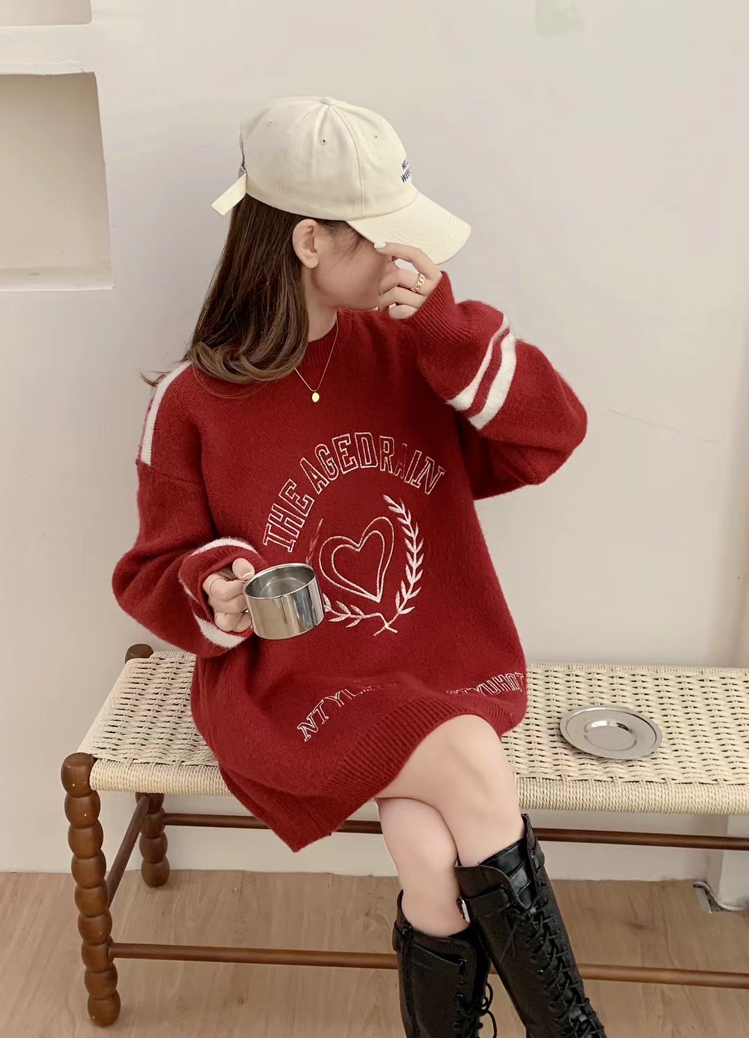 韓版洋氣刺繡字母減齡慵懶風寬鬆中長款套頭毛衣女圓領外穿