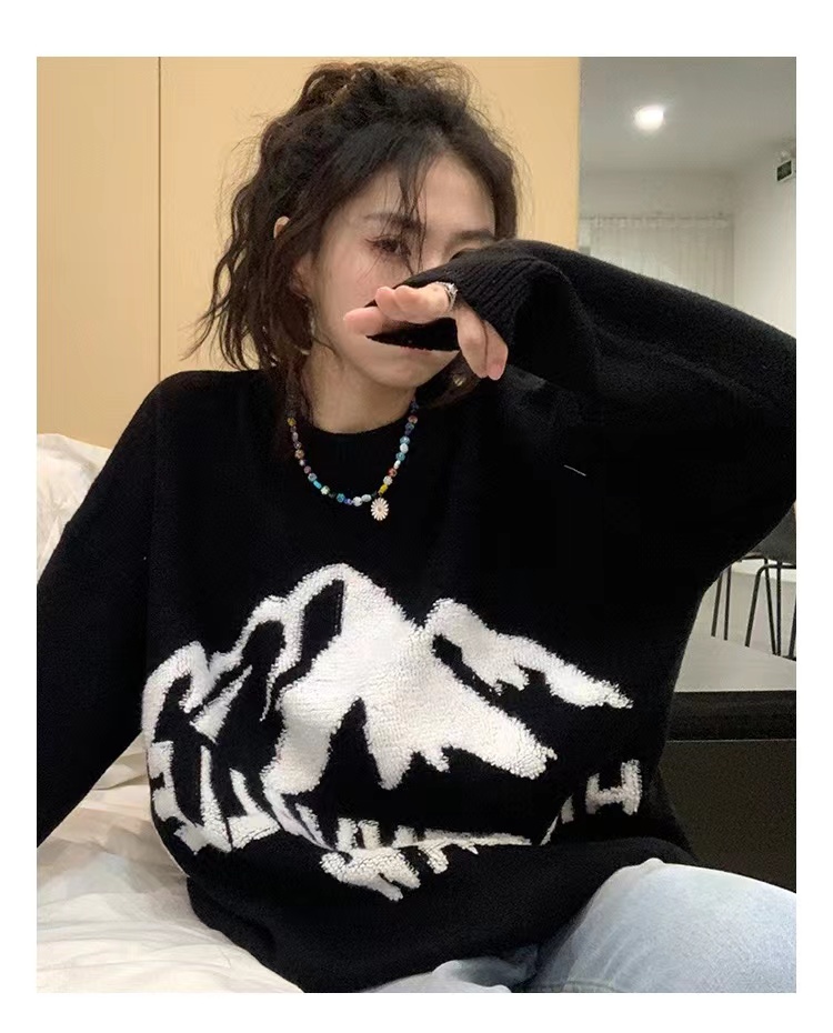 小眾設計感學院風日系慵懶風黑色軟糯毛衣女秋季寬鬆套頭針織上衣