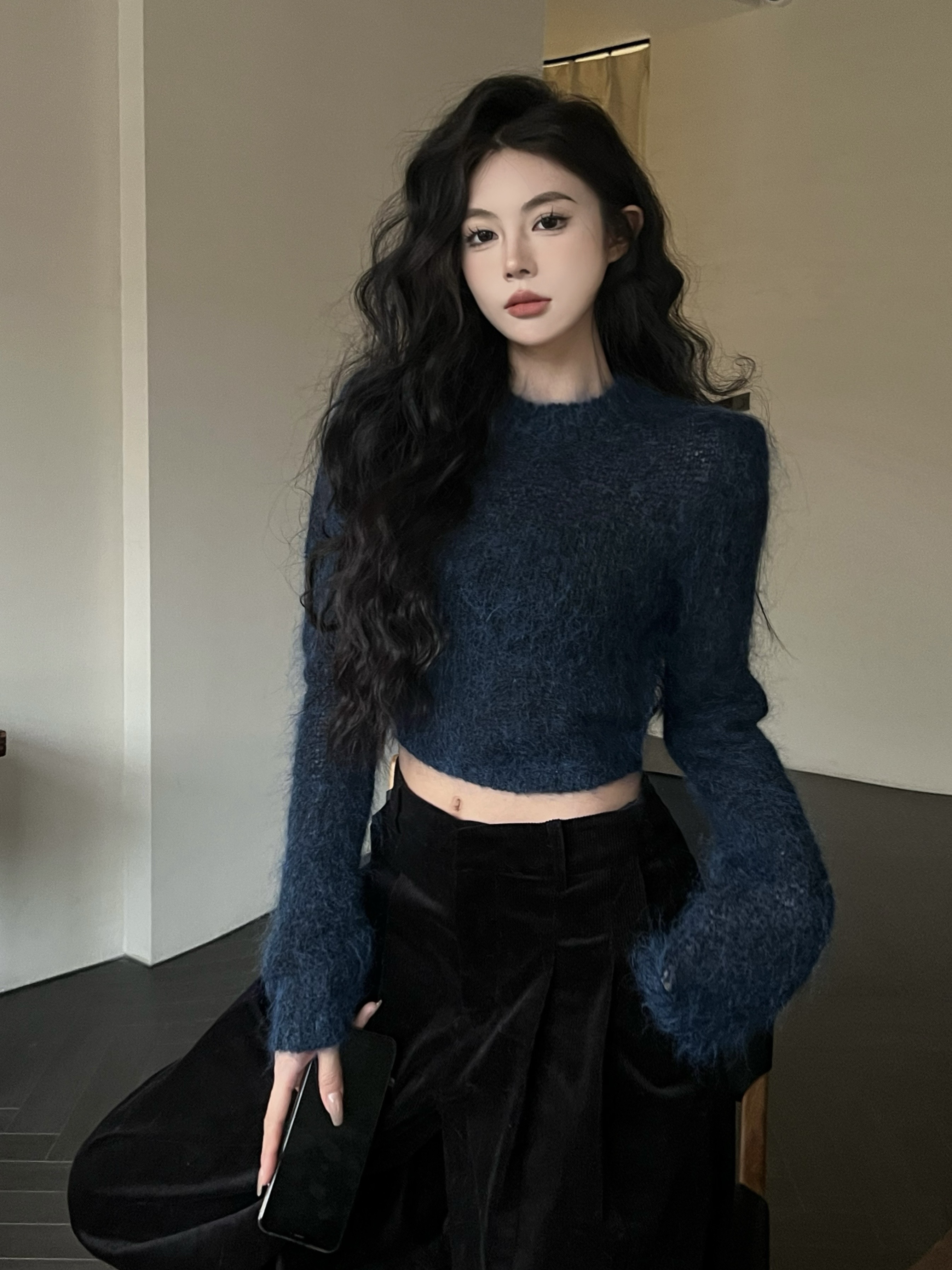實拍 美拉德復古時髦純色毛衣上衣高腰闊腿百搭條絨休閒褲