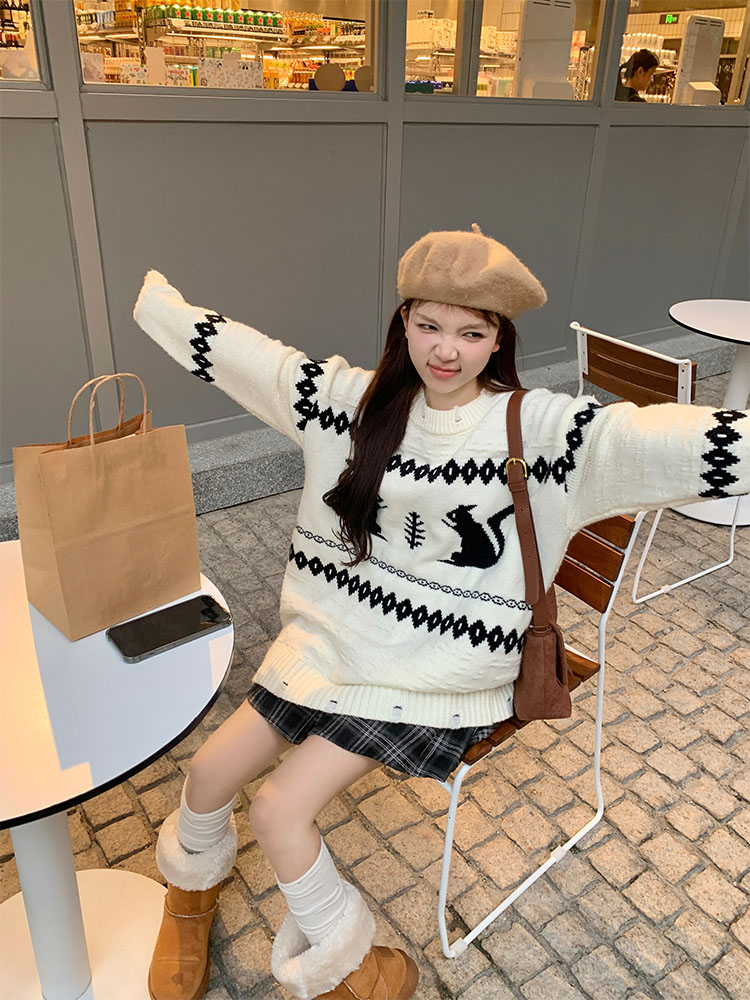 實拍 秋冬韓chic簡約聖誕款松鼠保暖毛衣針織衫