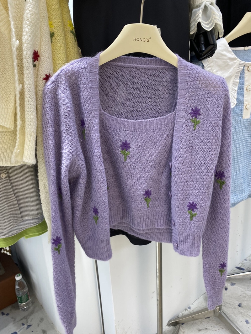 針織開衫套裝女春季年重工刺繡花朵小清新短款背心兩件套上衣
