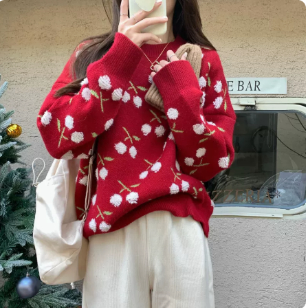 韓版秋冬寬鬆慵懶風加厚甜美小果果聖誕針織衫毛衣