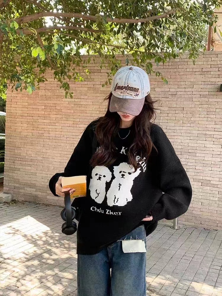 GAZ線上商店秋冬慵懶可愛卡通小狗針織衫男女圓領重磅毛衣國潮牌