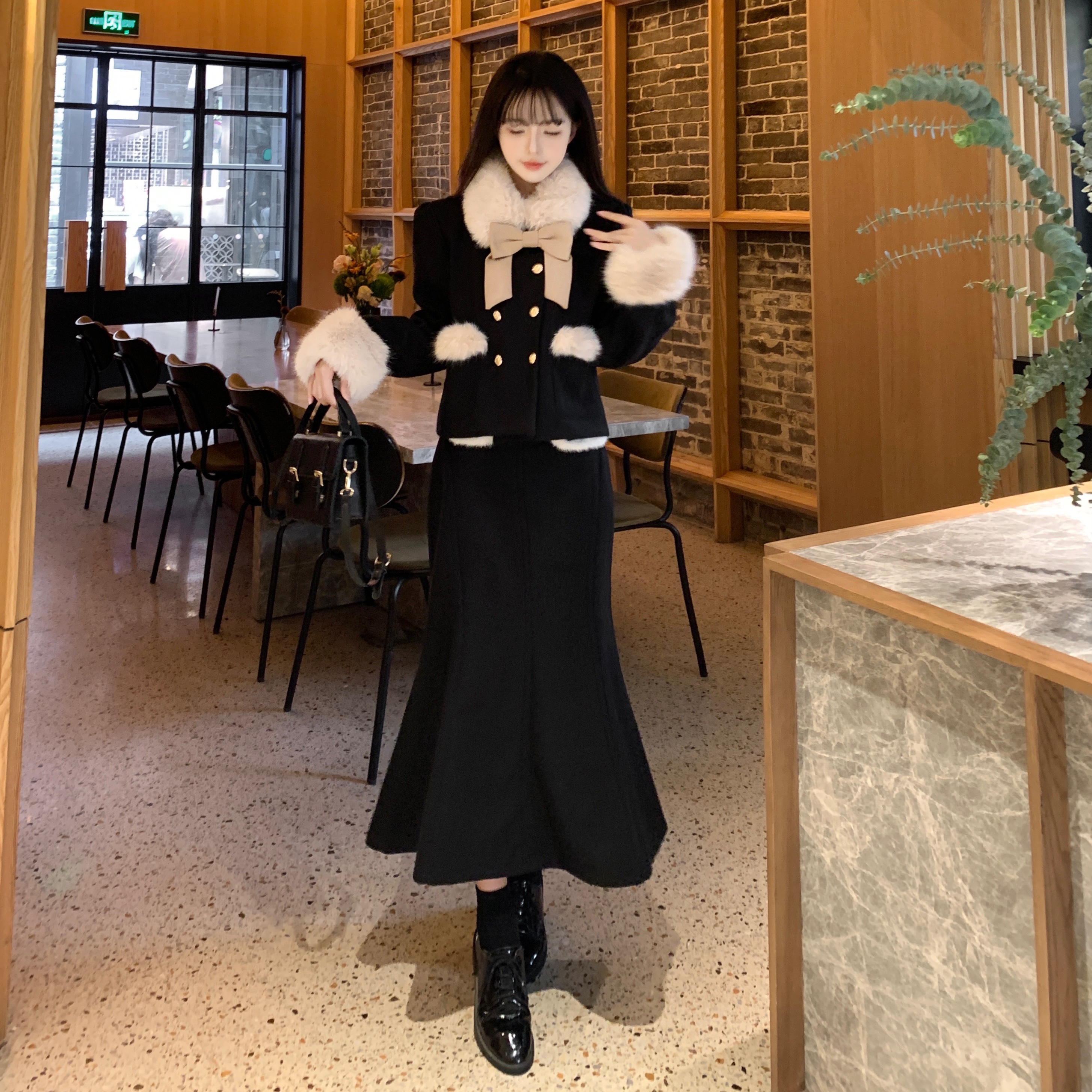 實拍~大碼女裝小香風外套女2023秋冬新款黑色毛呢拼接毛毛領套裝