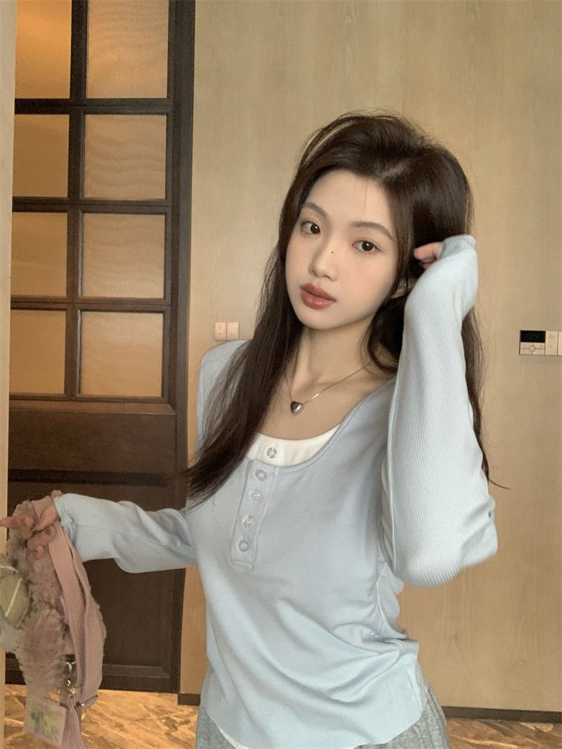 實拍~營造穿搭層次感~美式復古假兩件磨毛打底衫內搭上衣