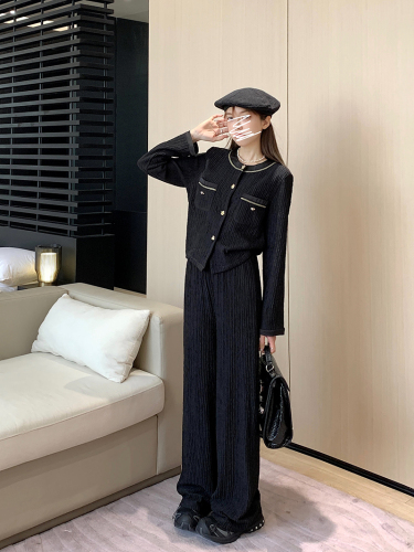 Real shot ~ Large size slightly fat casual fashion two-piece set with small fragrance and lazy temperament jacket top + drapey wide-leg pants