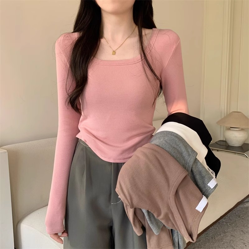 粉色秋季甜美溫柔長袖t恤女高級感內搭修身小個子短款氣質上衣服