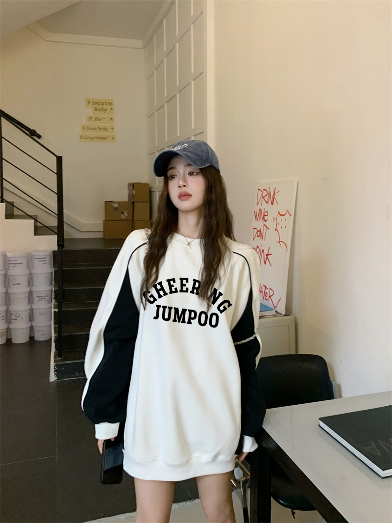 實拍 美式復古插肩衛衣女oversize撞色拼接圓領長袖寬鬆上衣潮入