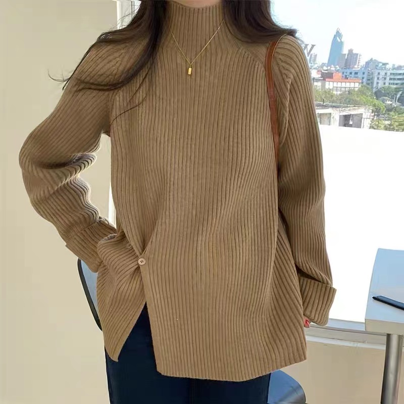 歐貨半高領毛衣女秋冬新款設計感小眾紐扣開叉套頭坑條針織打底衫