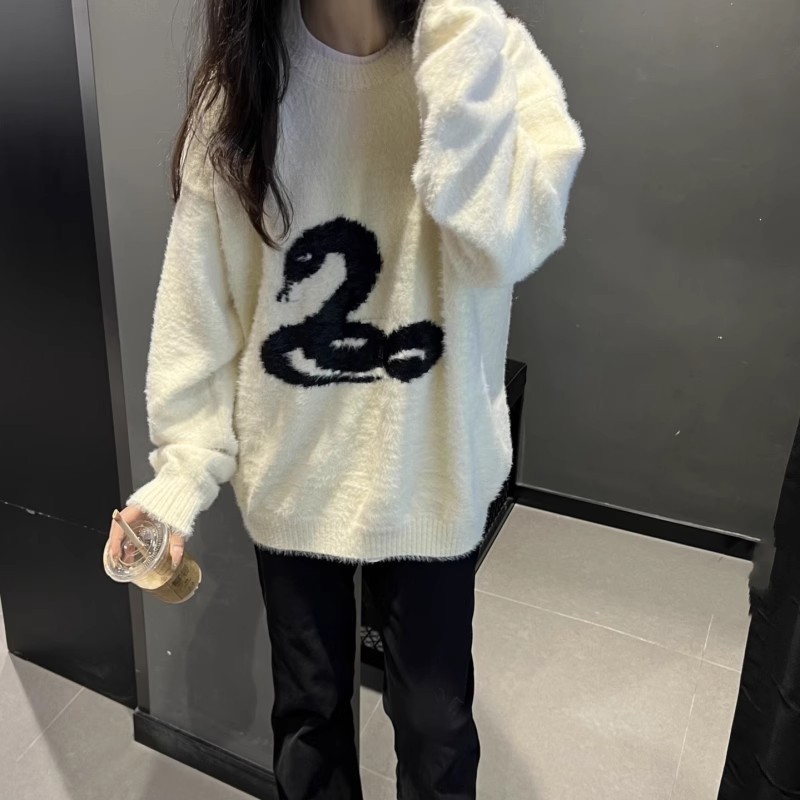 RTIM暗黑系蛇圖像馬海毛毛衣小眾設計OS寬鬆潮高街秋冬羊毛針織衫