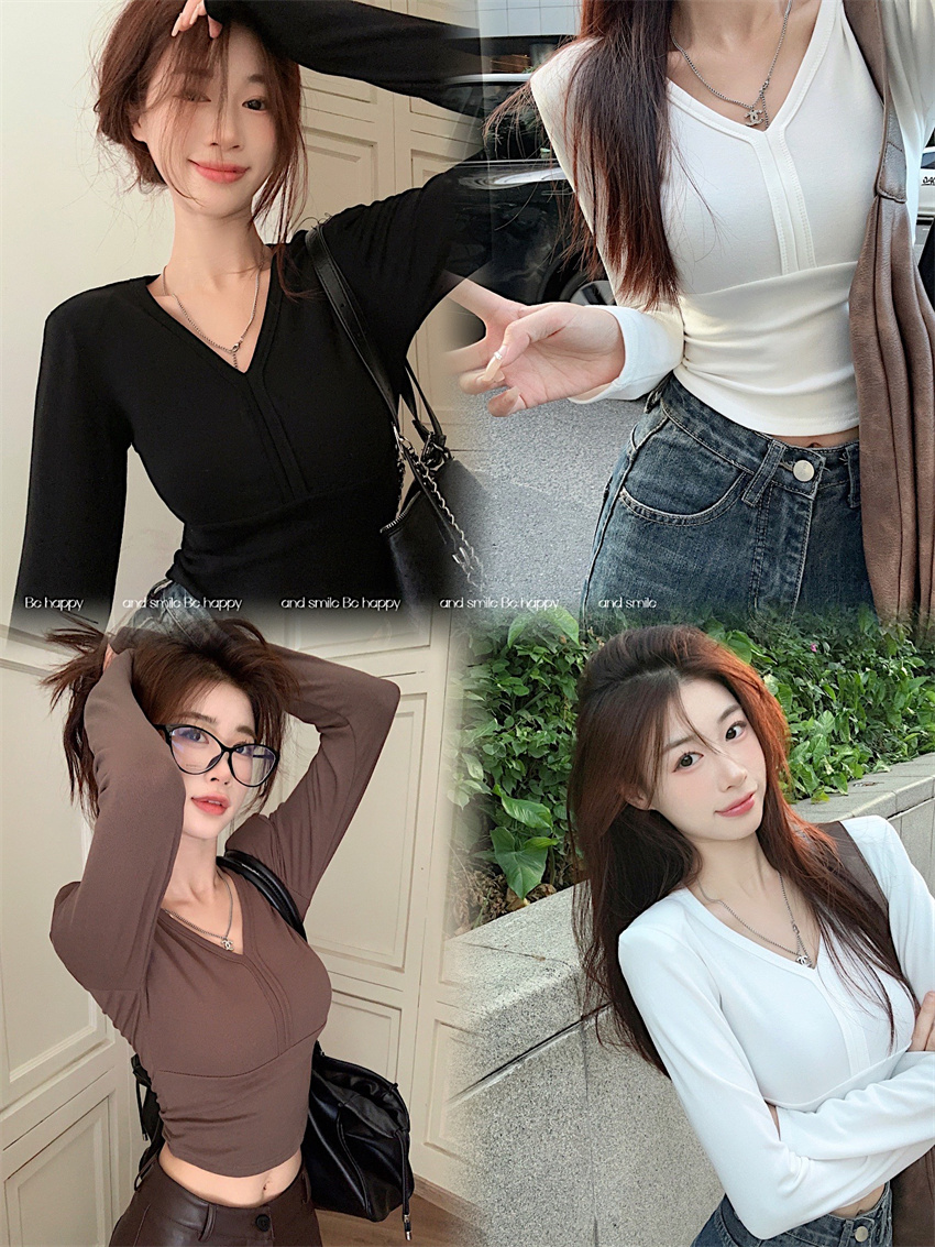 實拍 新款V領修身瘦腰抓絨設計感小心機女裝墊肩上衣
