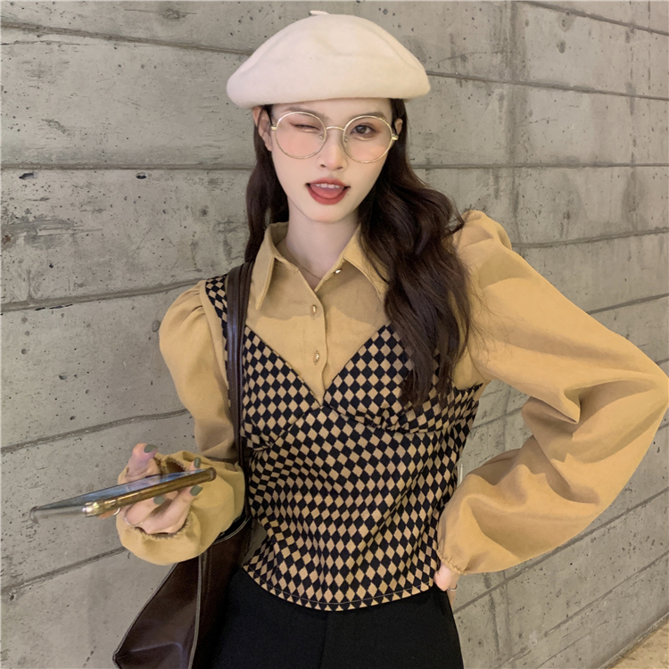 實拍 秋冬設計感小眾格子拼接假兩件上衣女裝泡泡袖襯衫