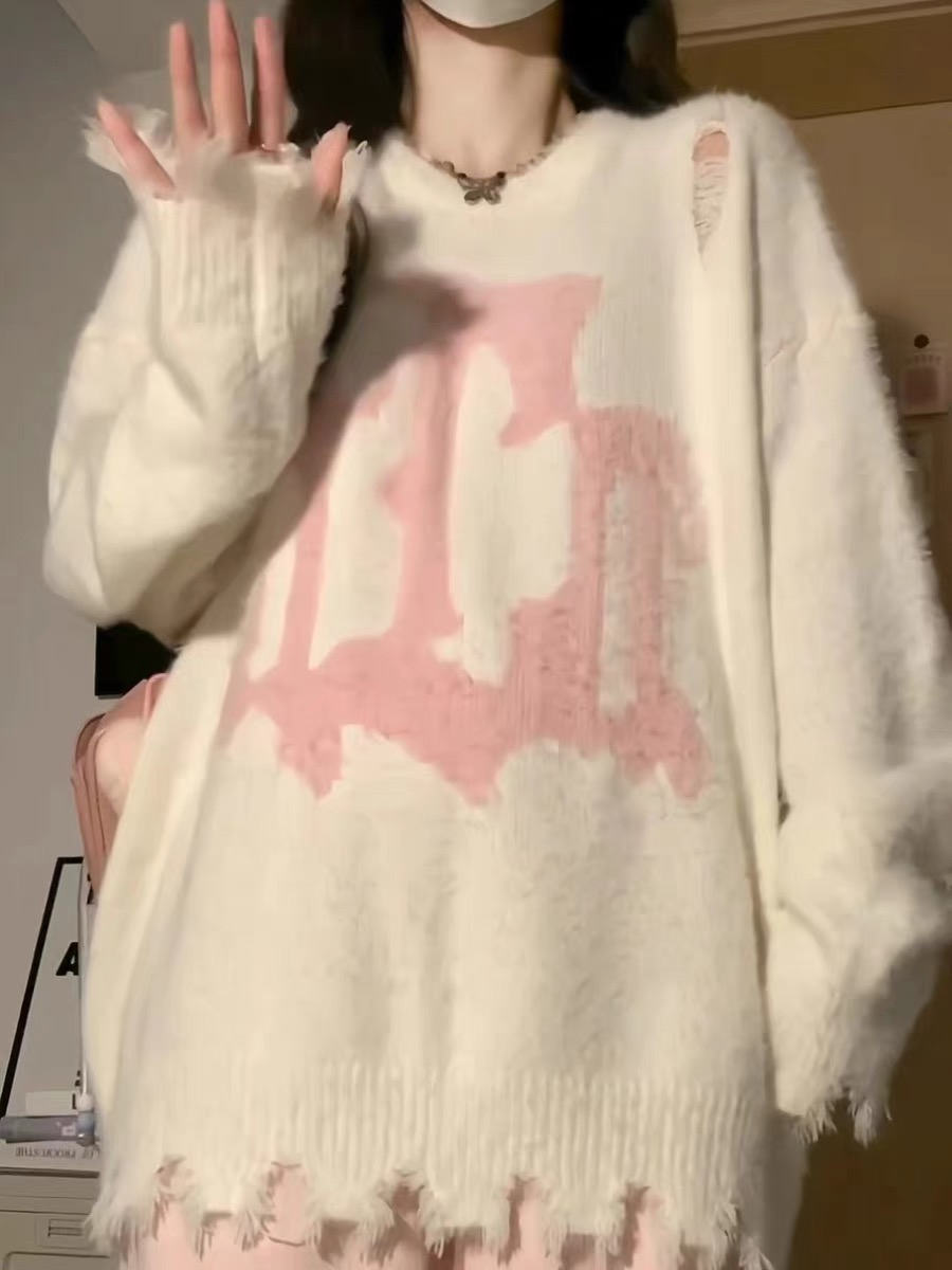 奶fufu慵懶風毛衣外套女秋冬復古寬鬆設計感破壞風軟糯針織衫上衣