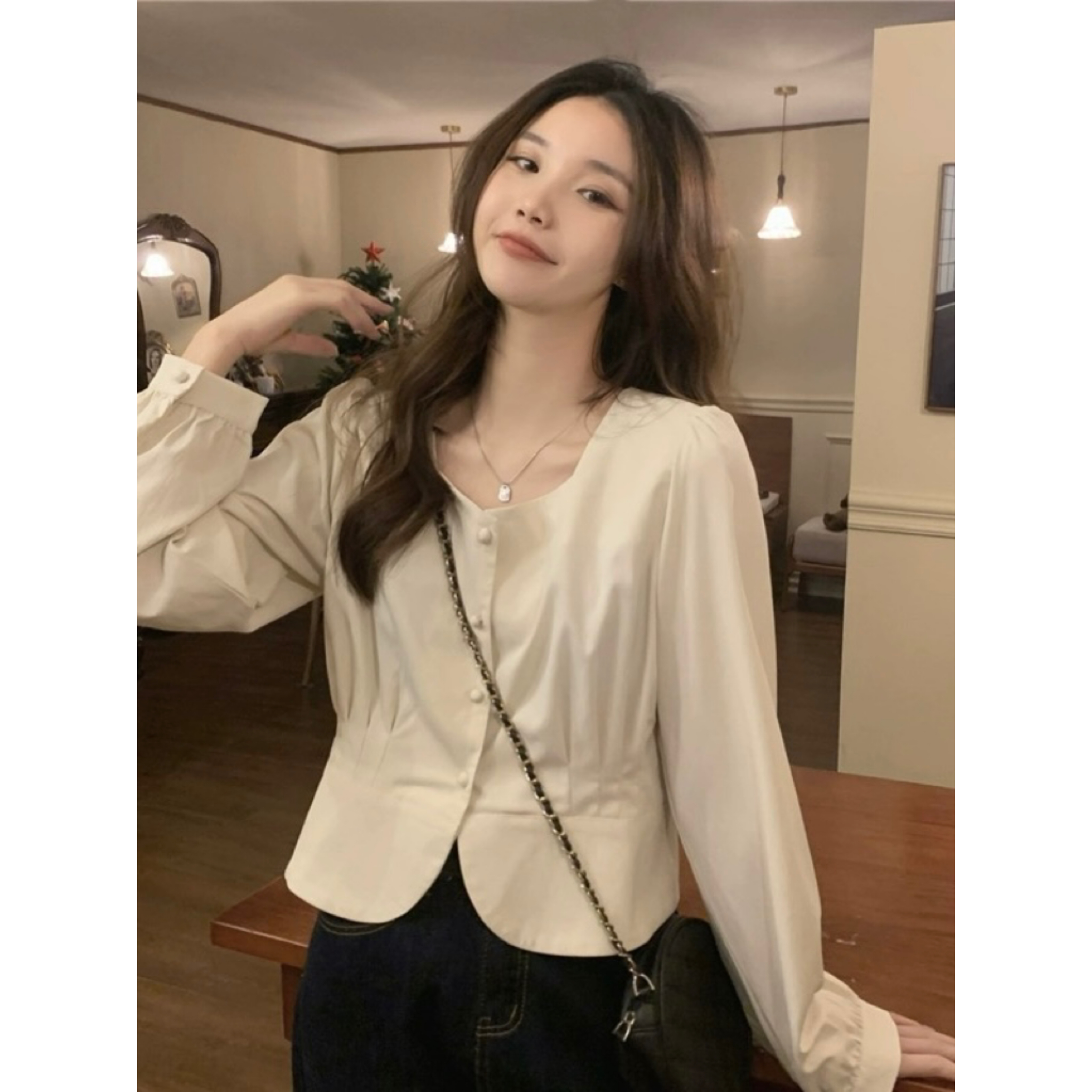 實拍！韓版復古法式方領長袖襯衫女單排扣設計感小眾別致上衣