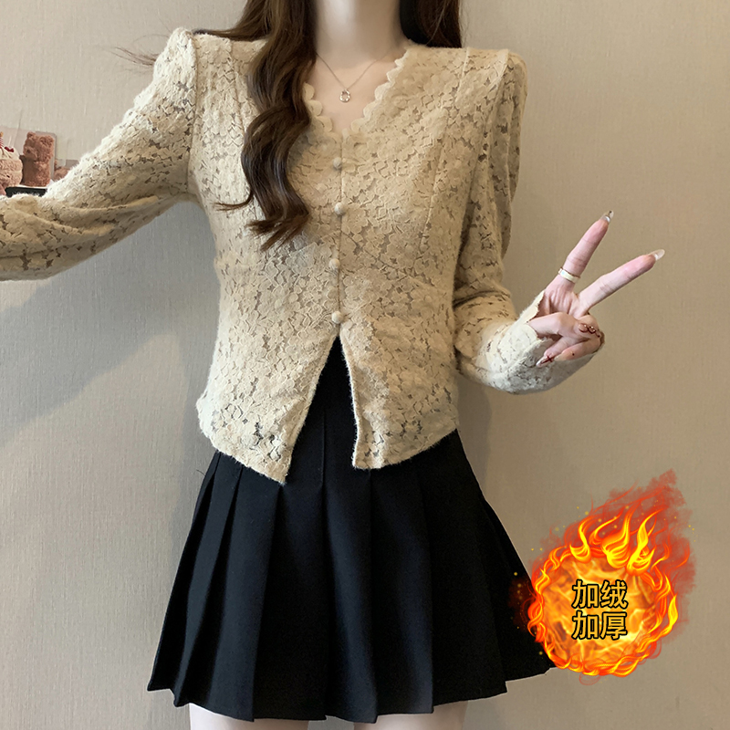 實拍2023秋冬裝新款胖mm大碼女洋氣百搭蕾絲花邊加絨加厚小衫上衣