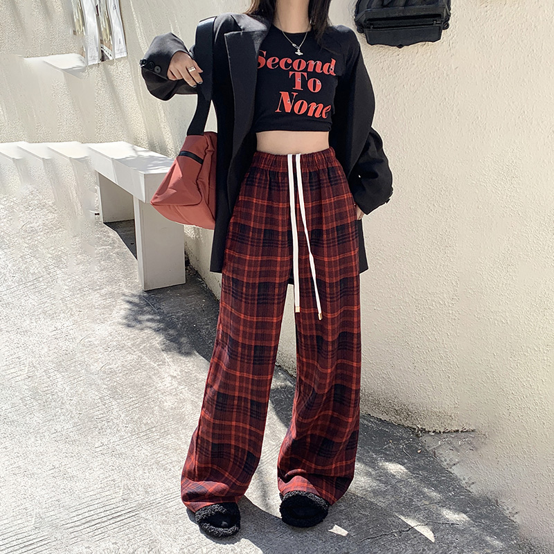 Real shot of retro loose wide-leg pants, plaid, versatile elastic pants, floor-length pants, casual pants for women & long pants