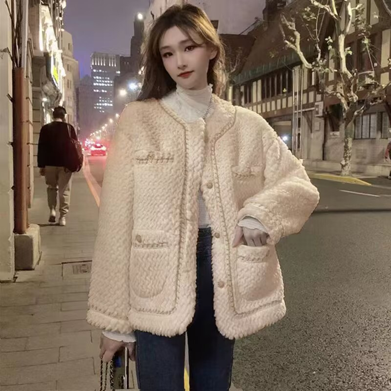 2023秋冬新款韓版小香風羊羔毛外套女寬鬆加厚仿皮草皮毛一體上衣